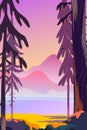 Beautiful autumn landscape flat design concept. Fantasy forest on a background of mountains. Wild nature vector Royalty Free Stock Photo